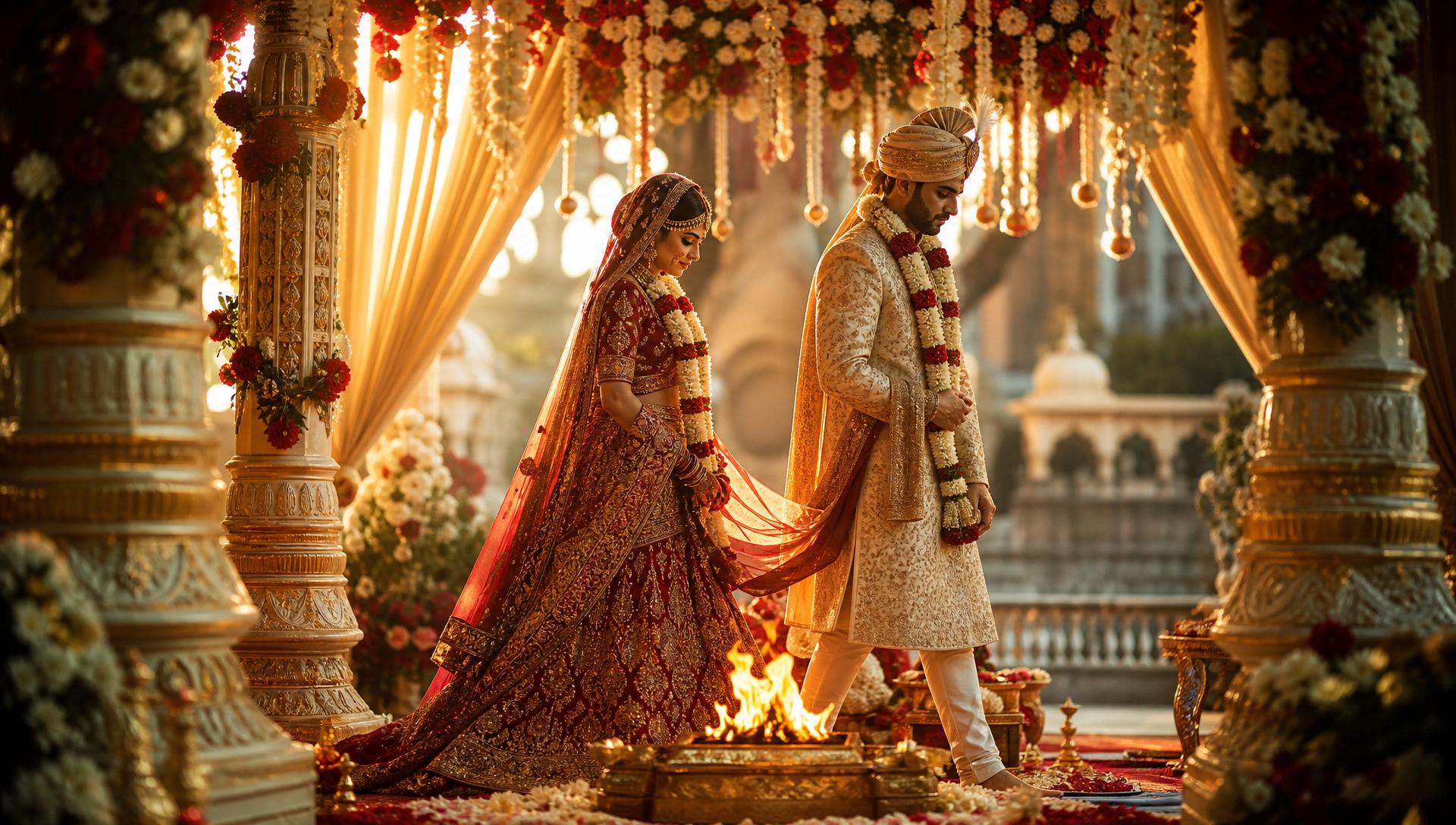 Bride and groom taking the seven pheras around the sacred fire in a luxury Indian wedding mandap